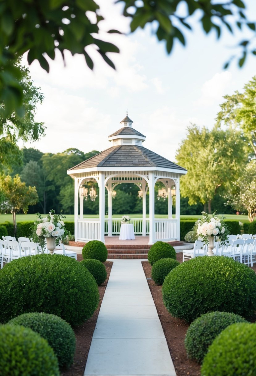 A serene outdoor wedding venue with lush greenery, a picturesque gazebo, and elegant decor