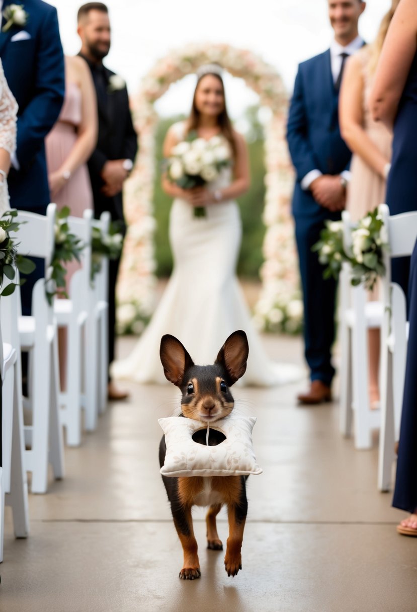 A small animal carrying a decorative ring pillow down the aisle at a unique wedding ceremony