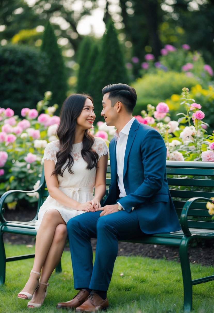 A couple sits on a bench surrounded by blooming flowers and lush greenery, gazing into each other's eyes with a sense of intimacy and love