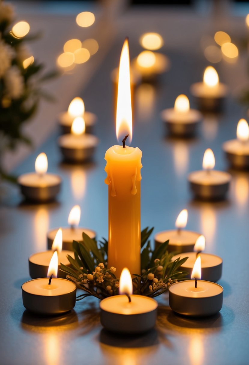 A single lit candle surrounded by smaller unlit candles, symbolizing remembrance and love in a non-religious wedding ceremony