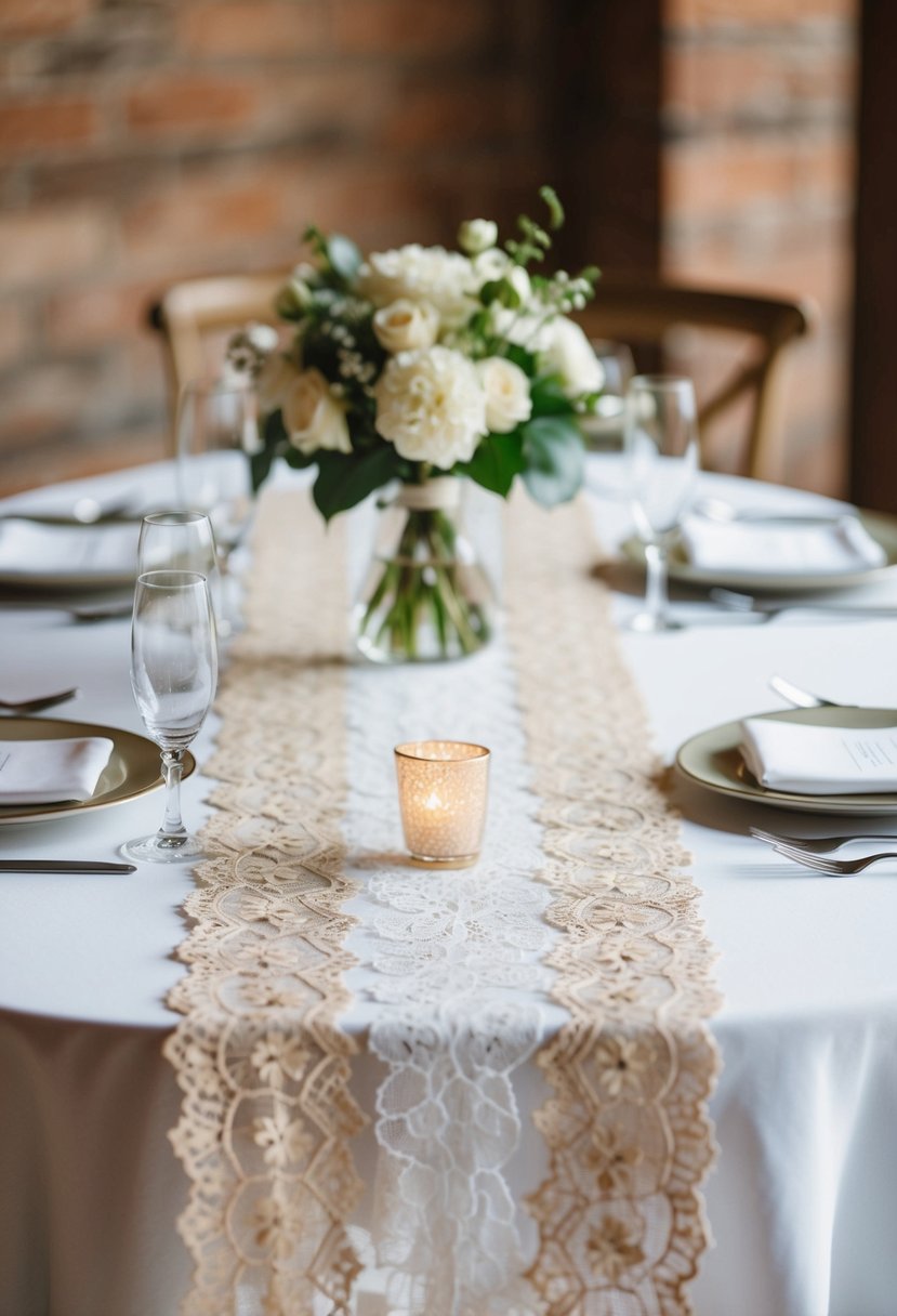 A lace table runner adorns a wedding place setting with elegant simplicity