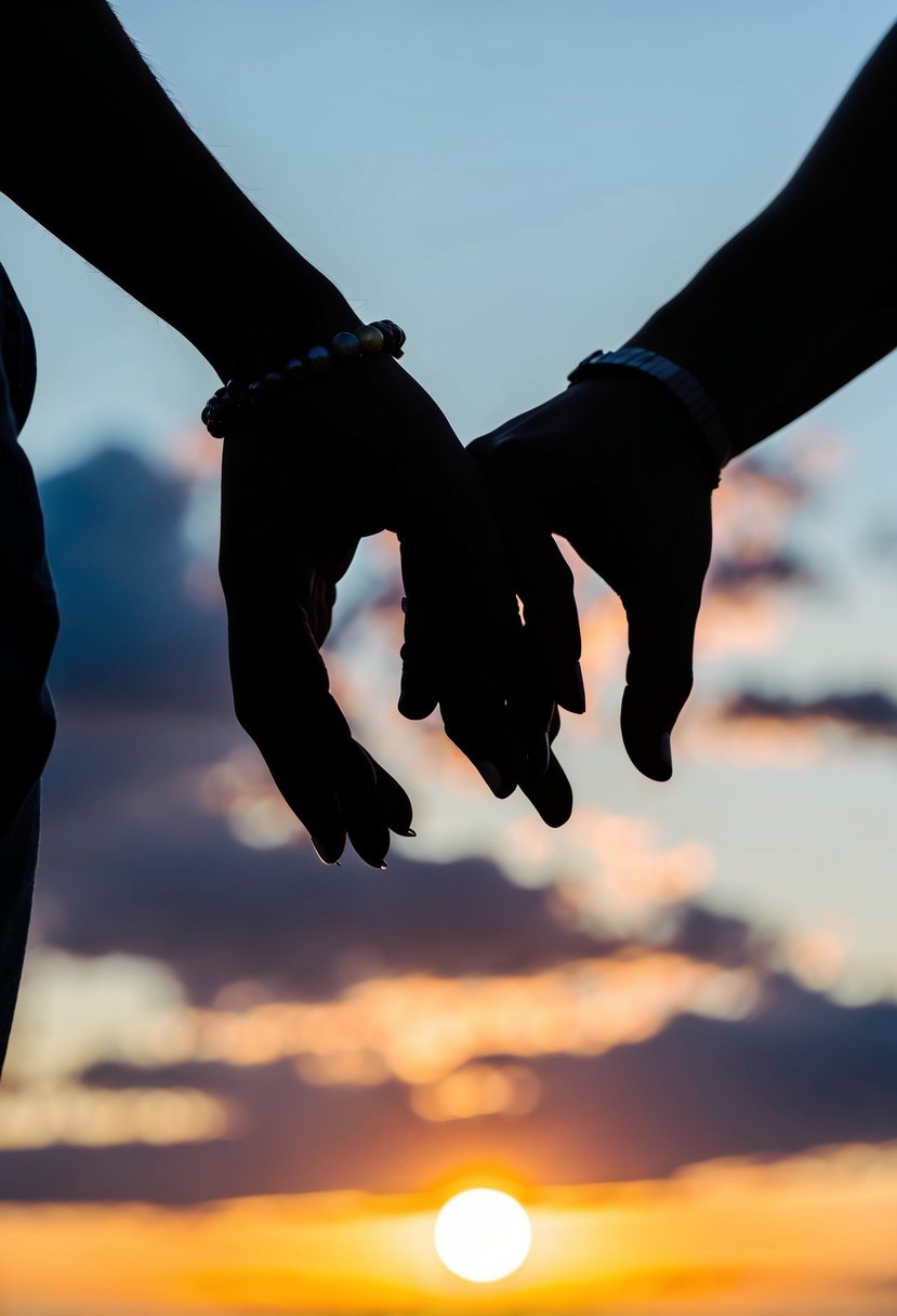 A couple's silhouettes against a vivid sunset, with a serene landscape in the background