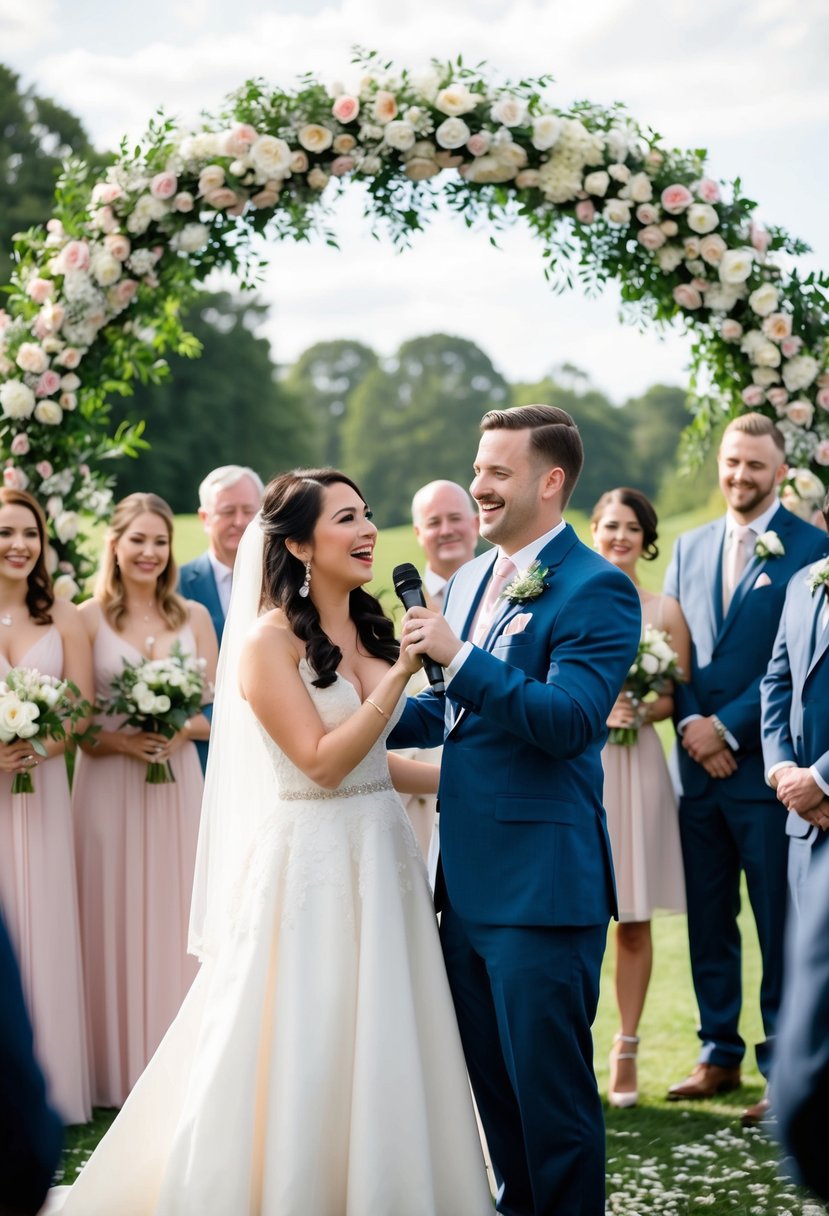 A couple stands beneath a floral arch, surrounded by friends and family. The bride holds a microphone, singing a special song as the groom looks on lovingly