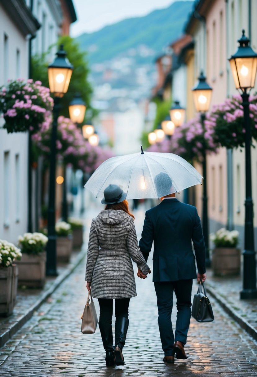 A couple under a shared umbrella, walking through a cobblestone street lined with old-fashioned street lamps and blooming flowers