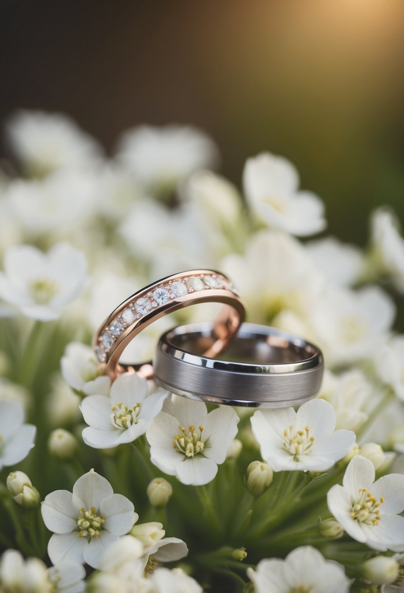 A close-up of two wedding rings resting on a bed of delicate white flowers, with soft natural lighting highlighting their intricate details