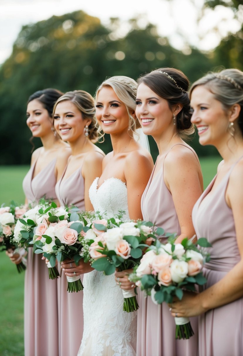 Bridesmaids holding bouquets, standing in a row, smiling