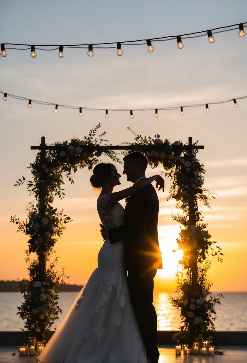 A couple's silhouettes against a sunset, embracing as they dance, surrounded by twinkling lights and floral decor