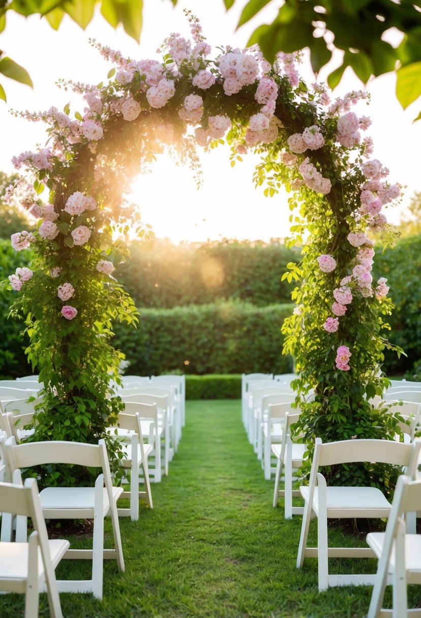 A flower-covered archway stands at the center of a lush garden, surrounded by rows of white chairs. Soft sunlight filters through the leaves, casting a warm glow over the serene setting