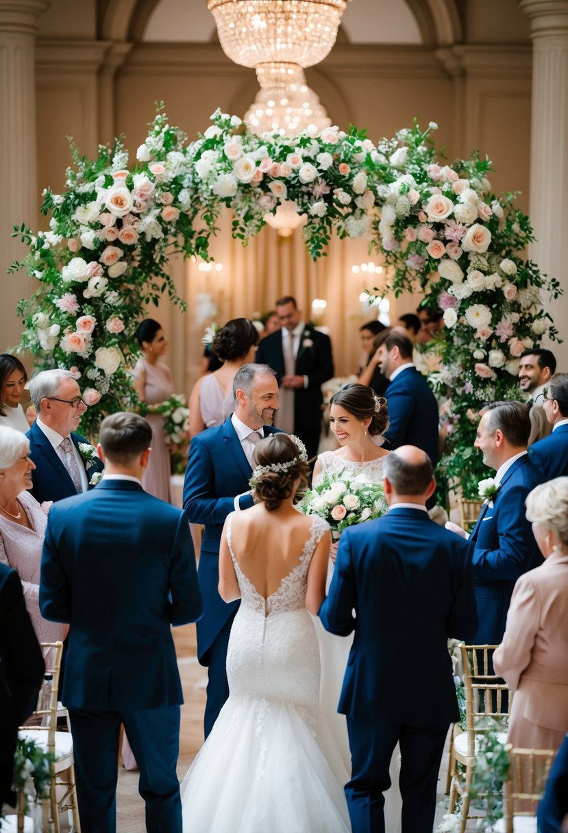 A wedding ceremony with guests mingling and interacting, surrounded by beautiful floral decorations and elegant decor