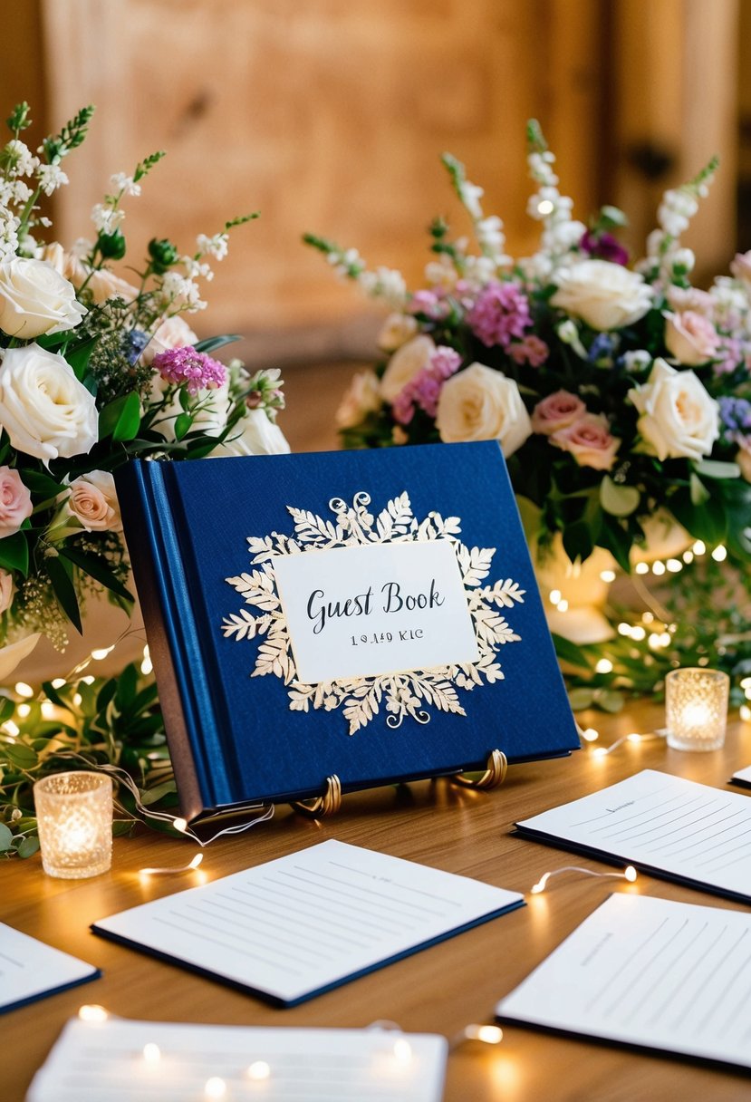 A beautifully decorated guest book on a table, surrounded by floral arrangements and twinkling lights, with blank pages ready for custom messages