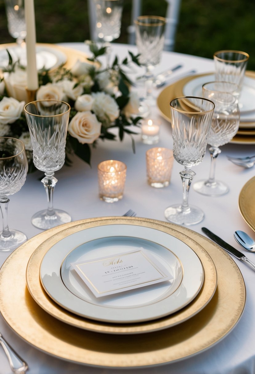 A table adorned with gilded edge plates, elegant cutlery, and crystal glassware for a luxurious wedding place setting