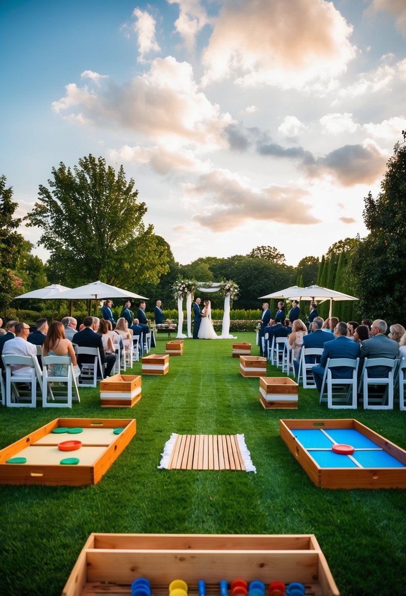 A picturesque outdoor wedding ceremony with interactive lawn games set up for guests to enjoy