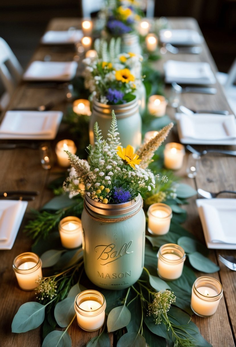 A rustic wedding centerpiece with mason jars filled with wildflowers, surrounded by tea lights and greenery on a wooden table