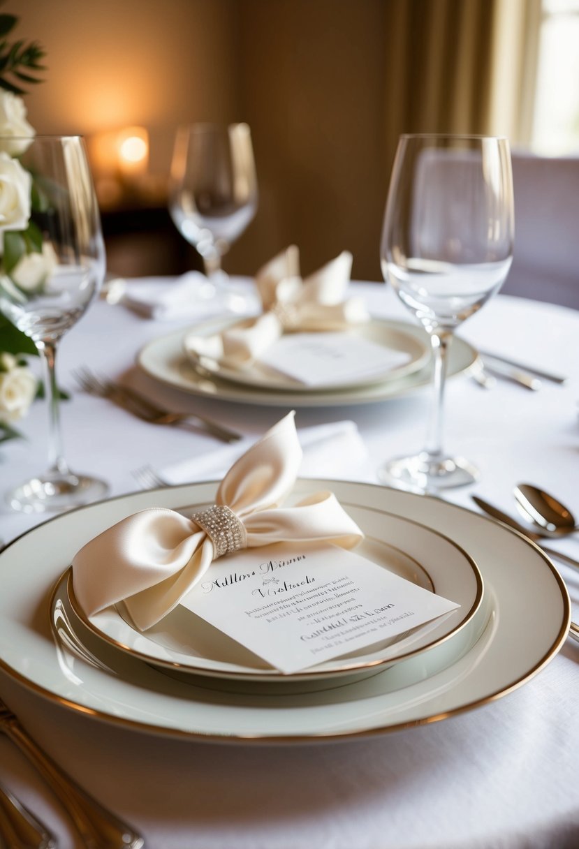 A wedding place setting with silk ribbon tiebacks on elegant tableware