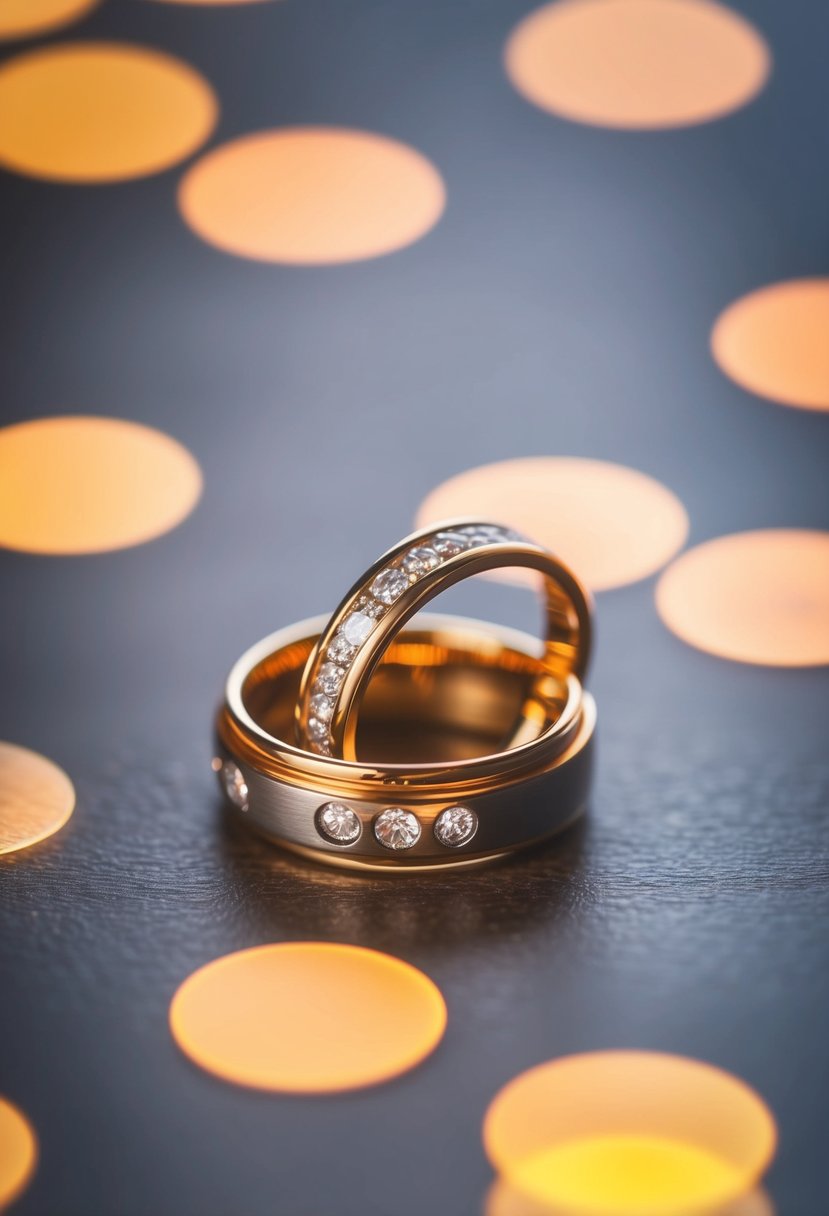 The rings glowing with warmth, entwined with personalized elements, set against a romantic backdrop