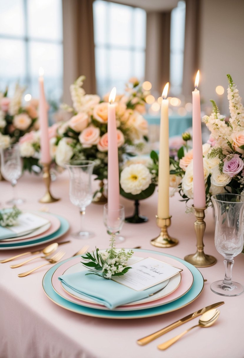 A pastel-colored table setting with delicate candles, floral centerpieces, and elegant dinnerware for a wedding reception