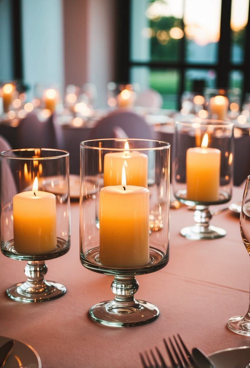 Glass hurricanes hold pillar candles, casting a warm glow on a wedding reception table. Simple and elegant, these centerpieces are perfect for a budget-friendly celebration