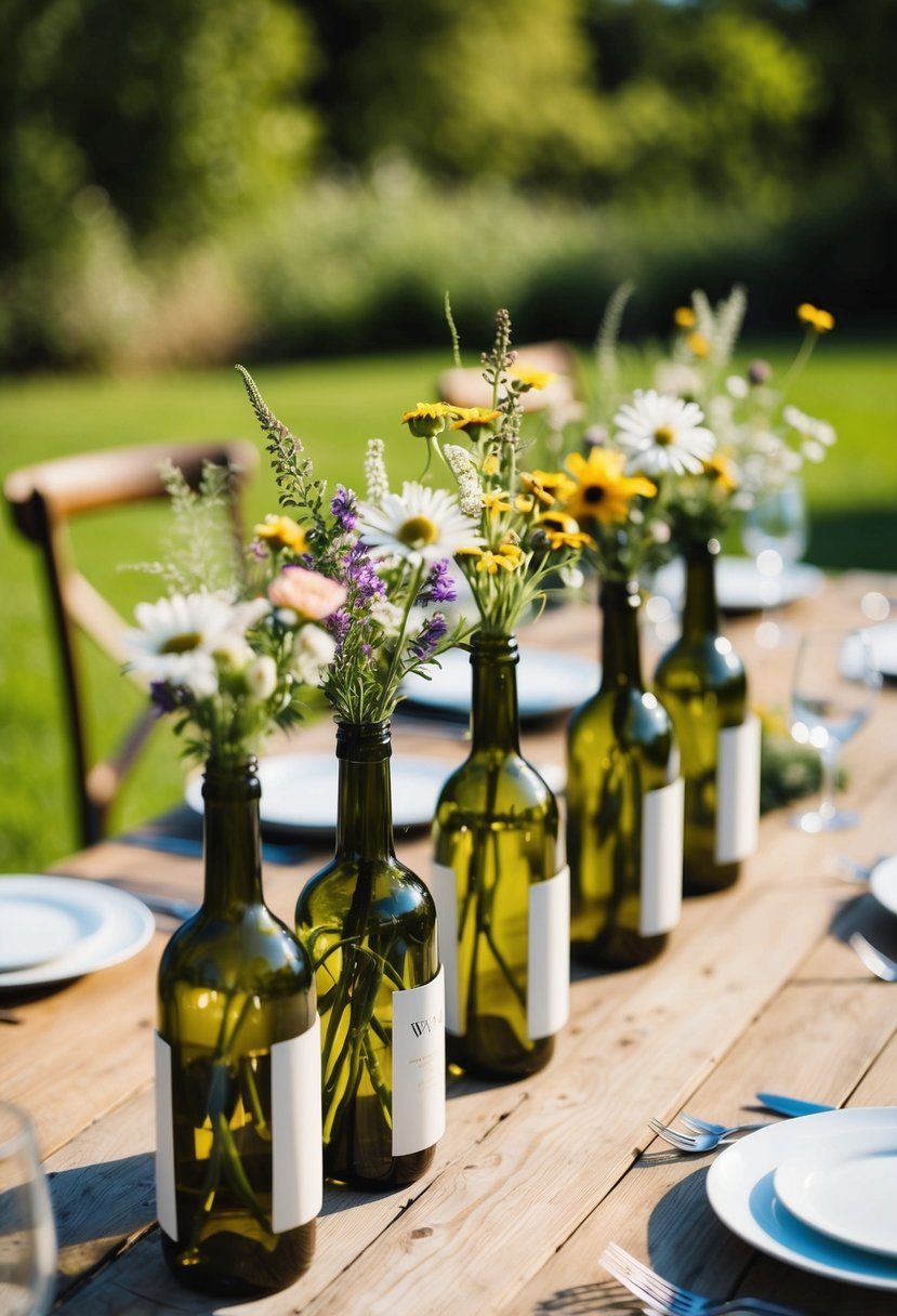 A wooden table adorned with rustic wine bottle vases filled with wildflowers, serving as budget-friendly wedding centerpieces