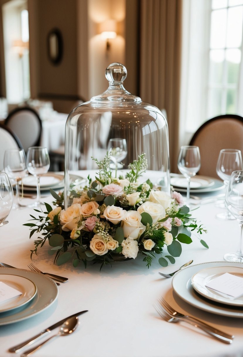 A glass cloche centerpiece sits atop a table, surrounded by elegant place settings and floral accents