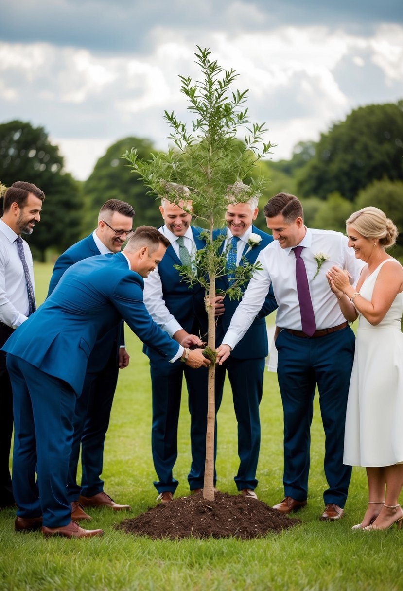 A group of people gather around a newlywed couple as they plant a tree together, symbolizing their unity and growth as a couple