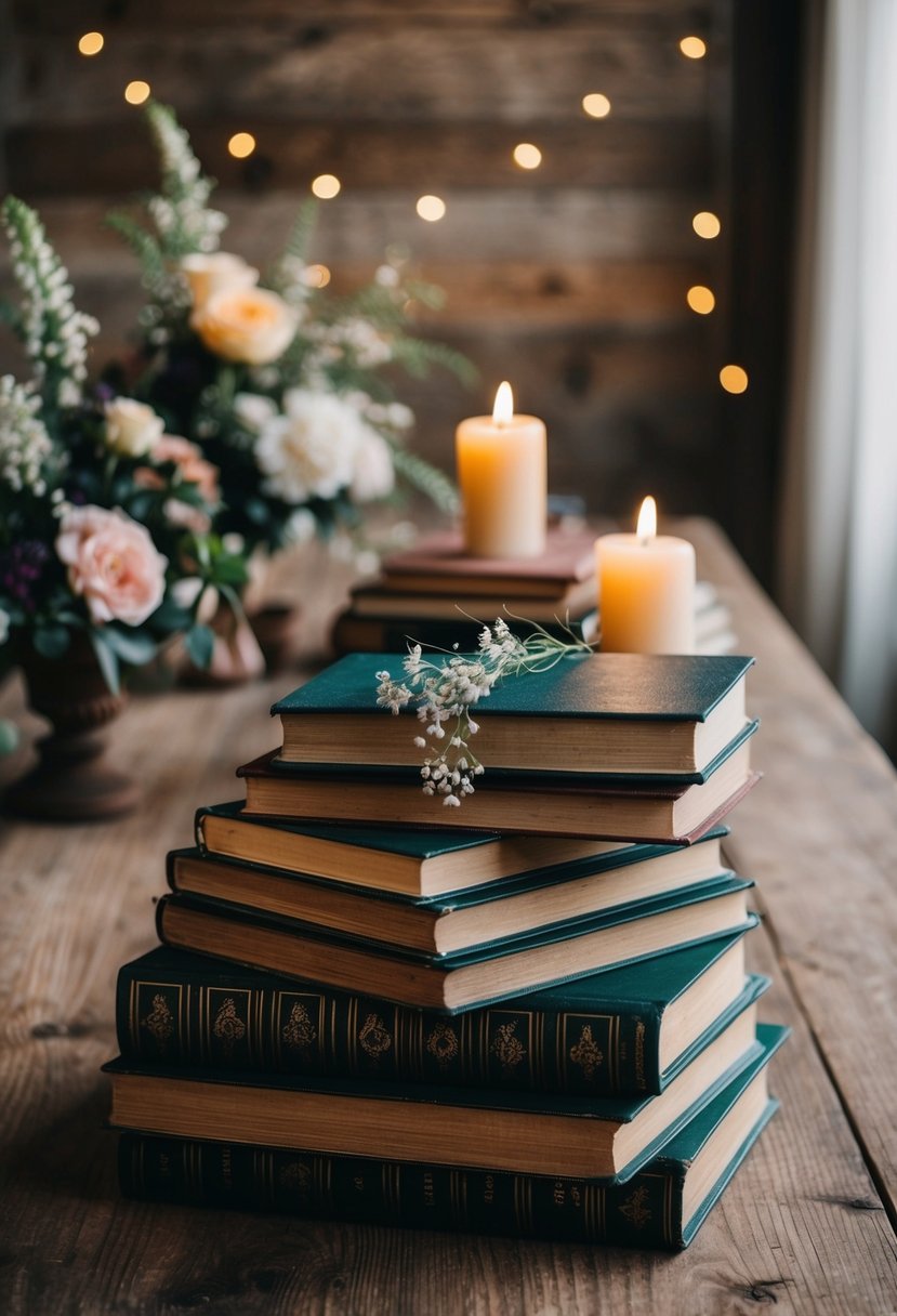 A rustic wooden table adorned with stacks of vintage books, topped with delicate floral arrangements and flickering candles