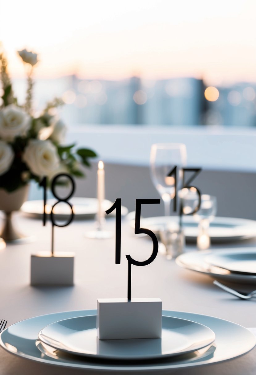 A set of modern, geometric table numbers arranged neatly on a sleek, minimalist wedding place setting