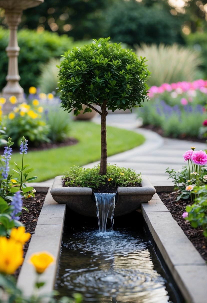 A tranquil garden with a small tree being watered by two streams, surrounded by flowers and decorative elements