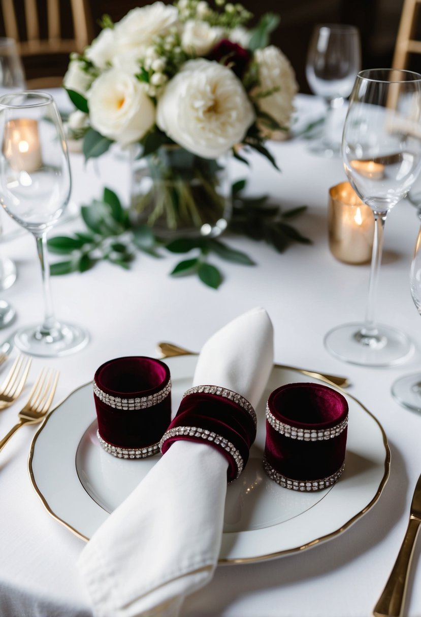 A luxurious wedding place setting with velvet napkin rings on a pristine white tablecloth