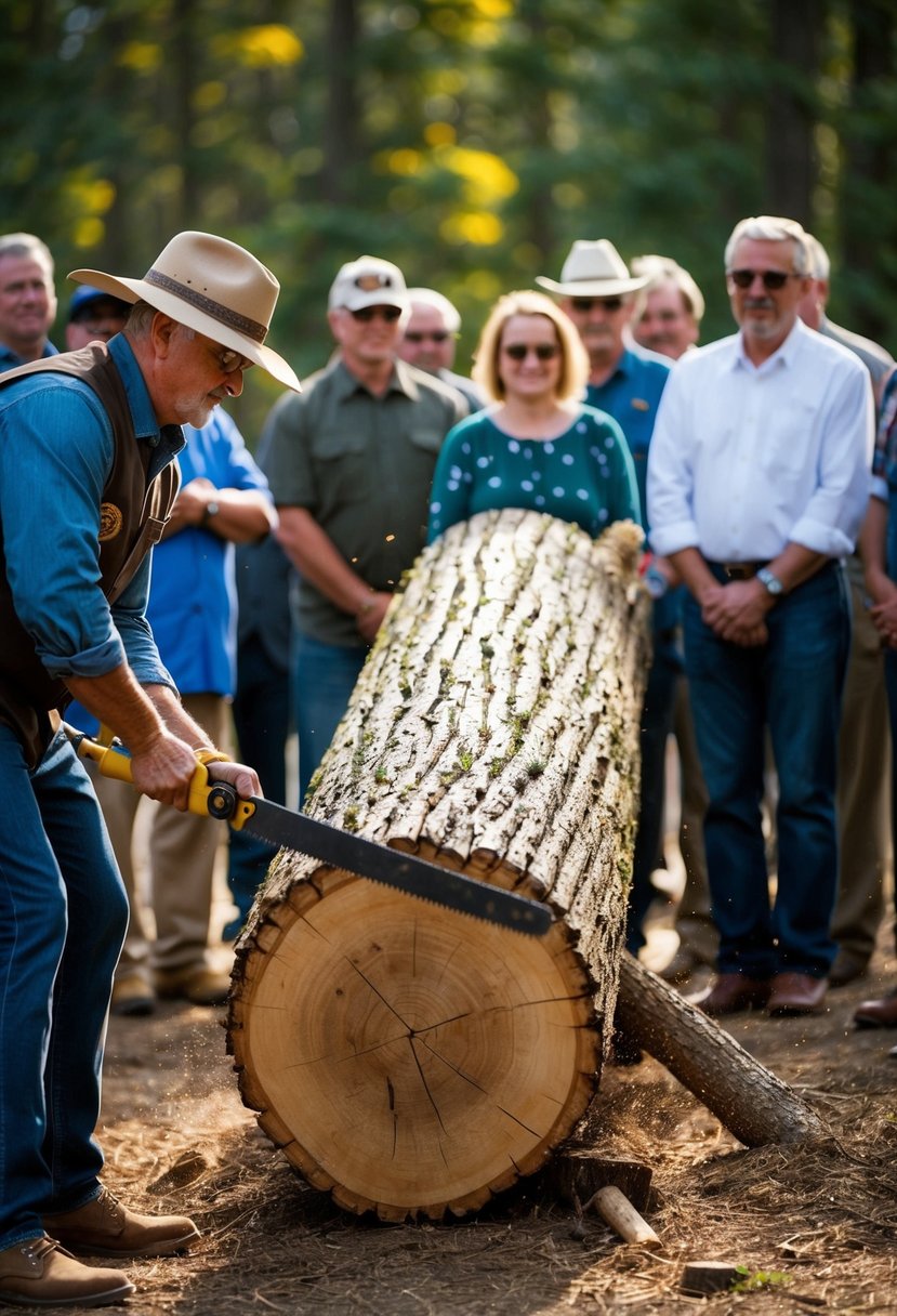 A large log being ceremonially cut with a saw surrounded by onlookers