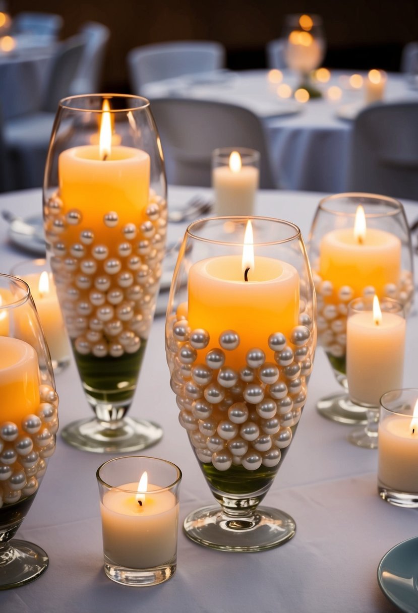 Floating candles surrounded by faux pearls in glass vases, atop white tablecloths with soft candlelight