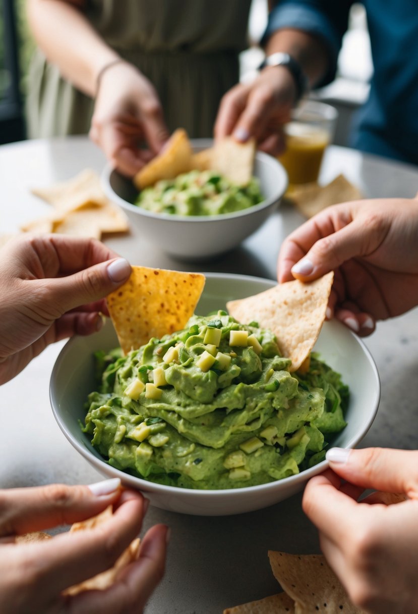 A bowl of guacamole sits on a table, surrounded by two sets of hands holding tortilla chips, ready to dip. A couple stands nearby, smiling