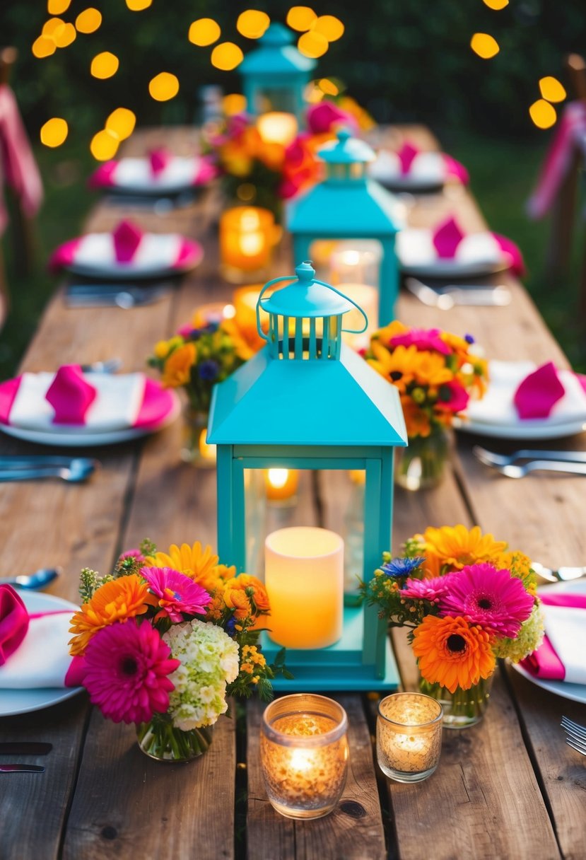 Colorful lanterns and vibrant flowers adorn rustic wooden tables, casting a warm glow in a budget-friendly wedding centerpiece