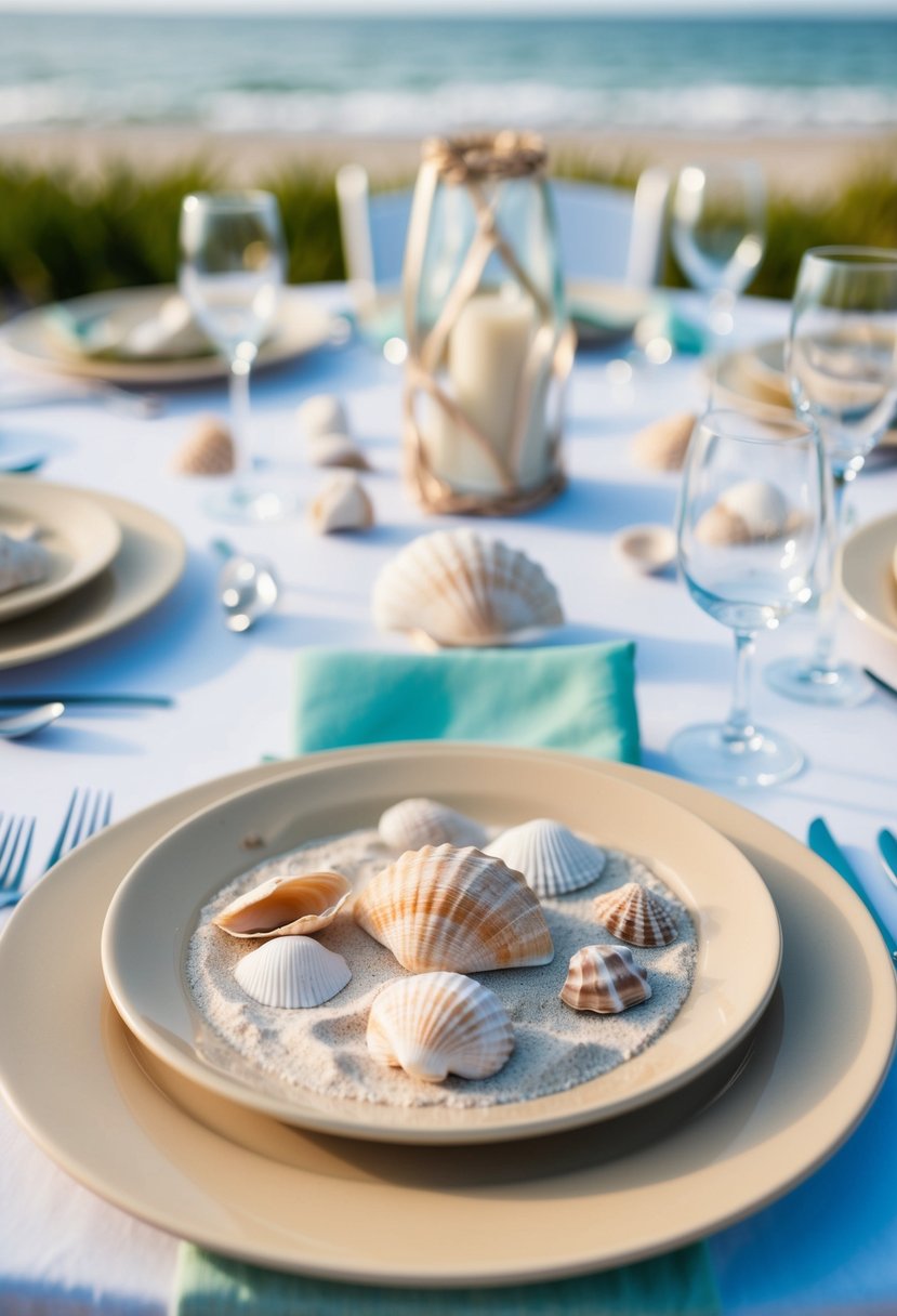 A beach-themed wedding place setting with shell decor, including a sandy-colored plate, seafoam green napkin, and a variety of shells scattered across the table