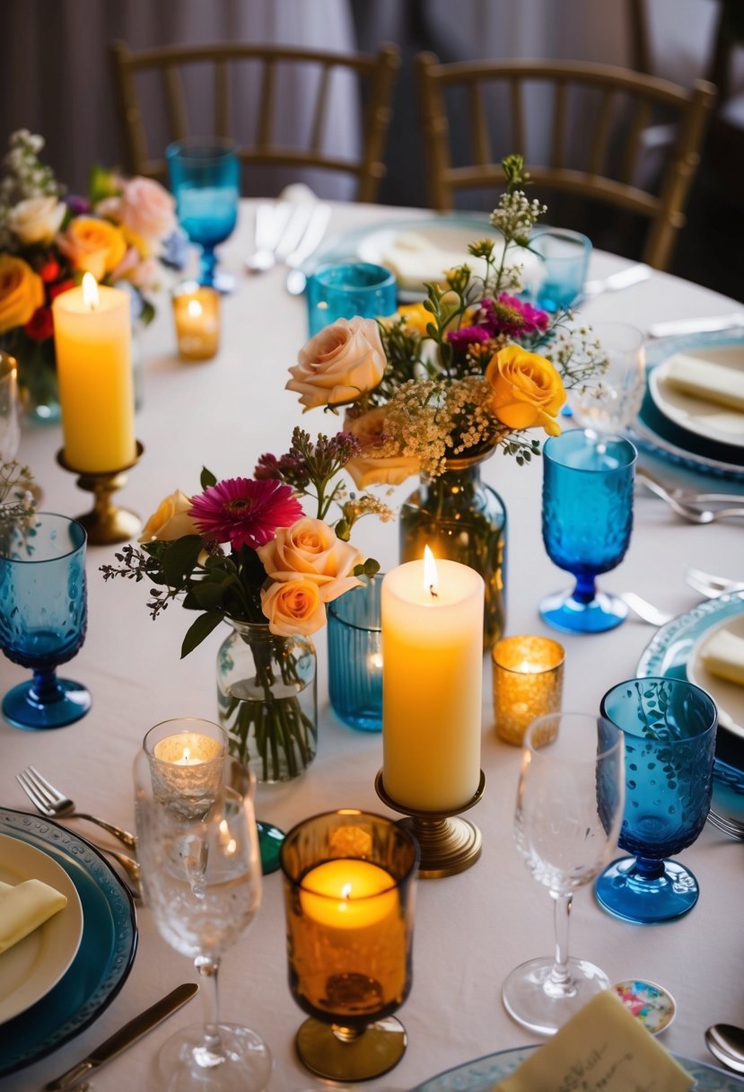 A table adorned with assorted colored glassware, filled with flowers and candles, creating an elegant and budget-friendly wedding centerpiece