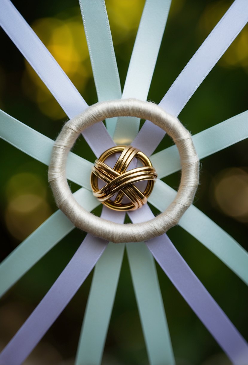 Two ribbons intertwining around a central object, symbolizing the binding of two individuals in a handfasting ritual