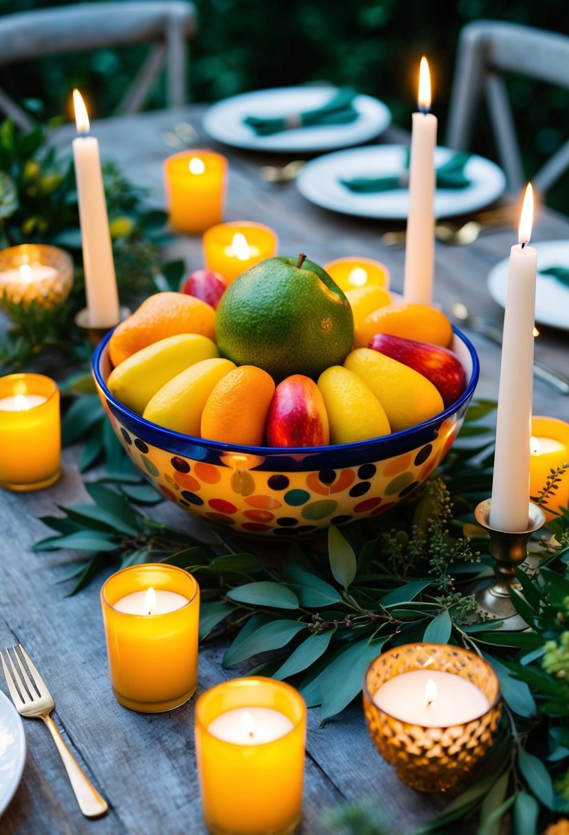 A colorful fruit bowl centerpiece sits on a rustic table, surrounded by flickering candles and greenery