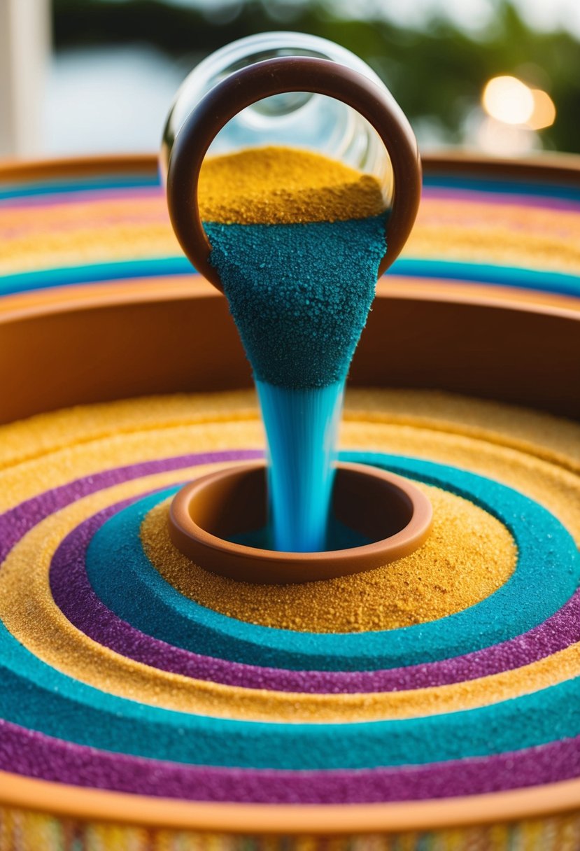 Vibrant sands pouring into a central vessel, creating a swirling pattern of multi-colored layers