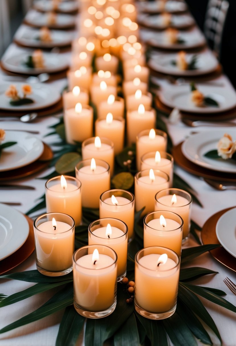 Clusters of votive candles arranged on a budget-friendly wedding table centerpiece