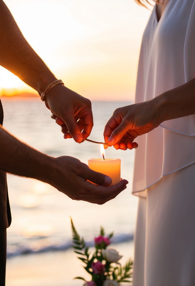 A couple's hands lighting a unity candle at a beachfront sunset wedding ceremony