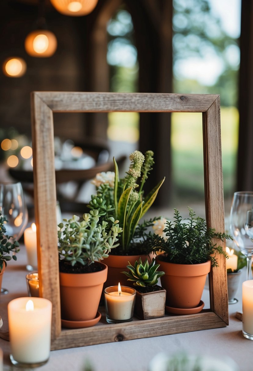 A rustic wooden picture frame holds a collection of small potted plants and candles, creating a charming centerpiece for a wedding table on a budget