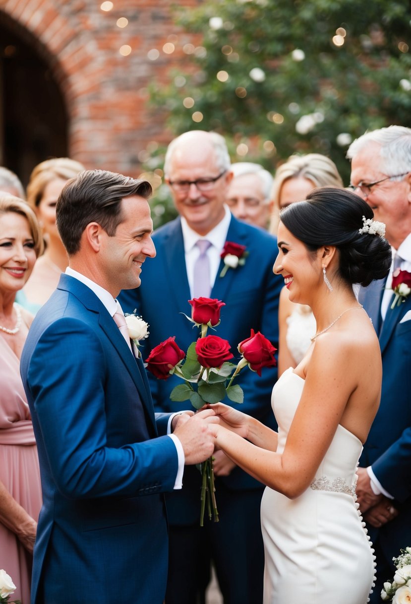 A bride and groom exchange roses in a ceremony, surrounded by family and friends