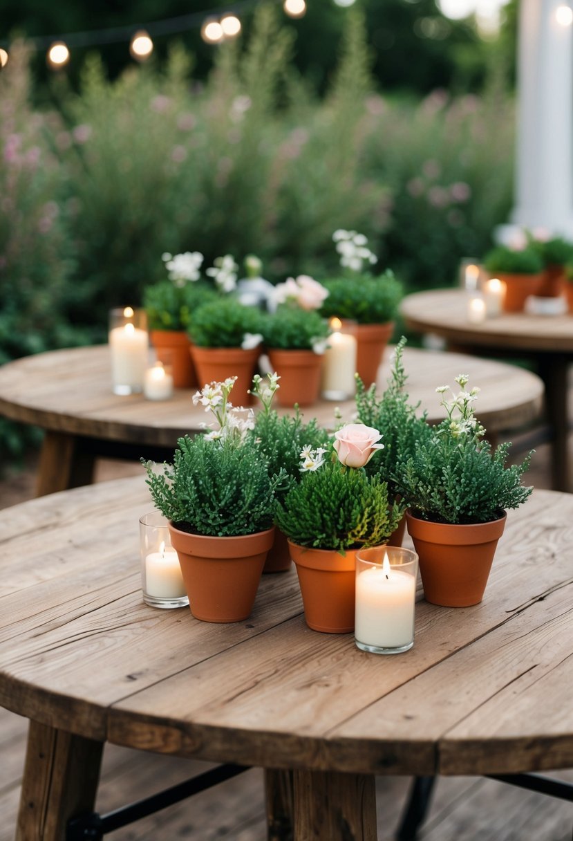 Small greenery pots arranged in clusters on rustic wooden tables, accented with delicate flowers and candles, creating charming wedding centerpieces on a budget