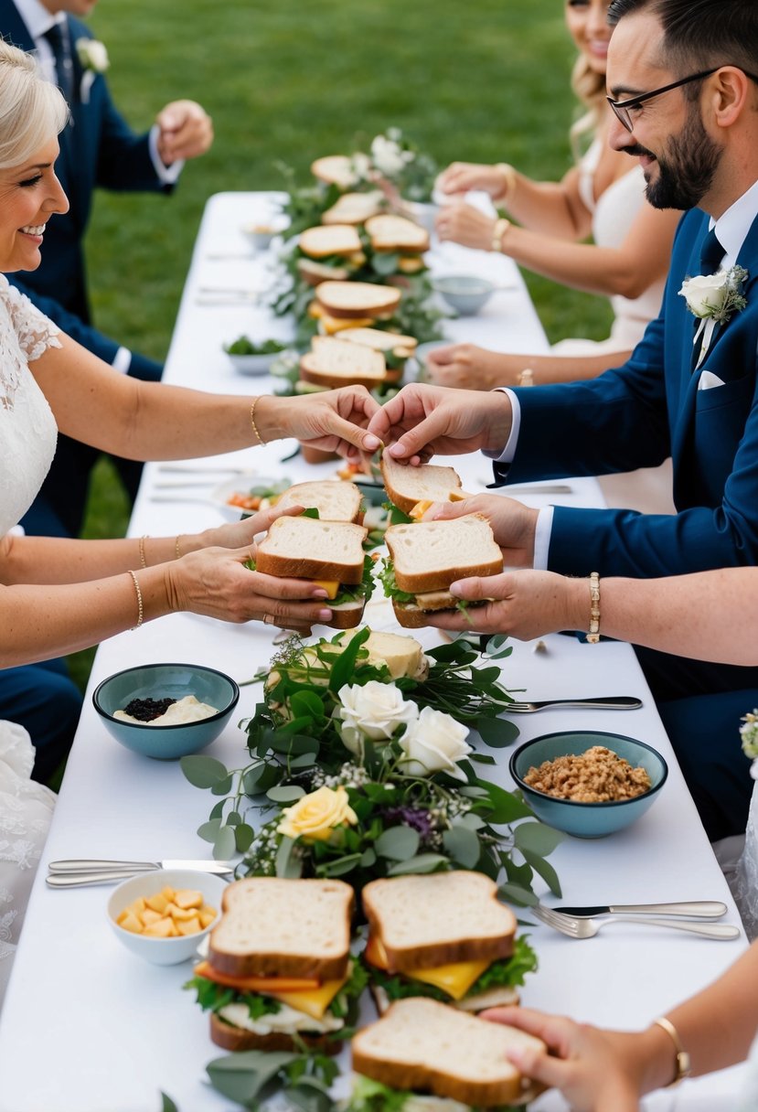 A table with ingredients for a sandwich unity ceremony, surrounded by two families coming together for a wedding celebration