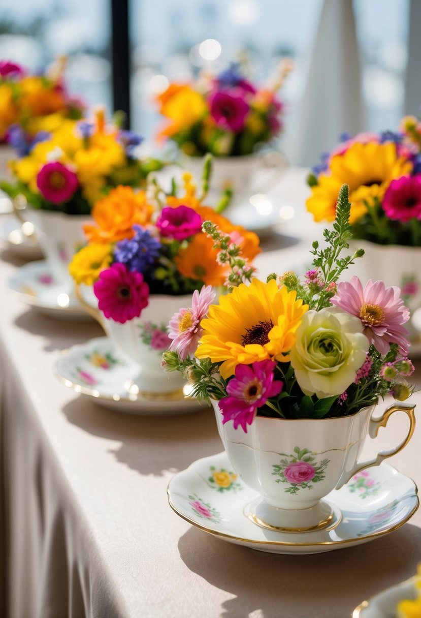 A collection of vintage teacups filled with colorful flowers arranged on a budget-friendly wedding table centerpiece