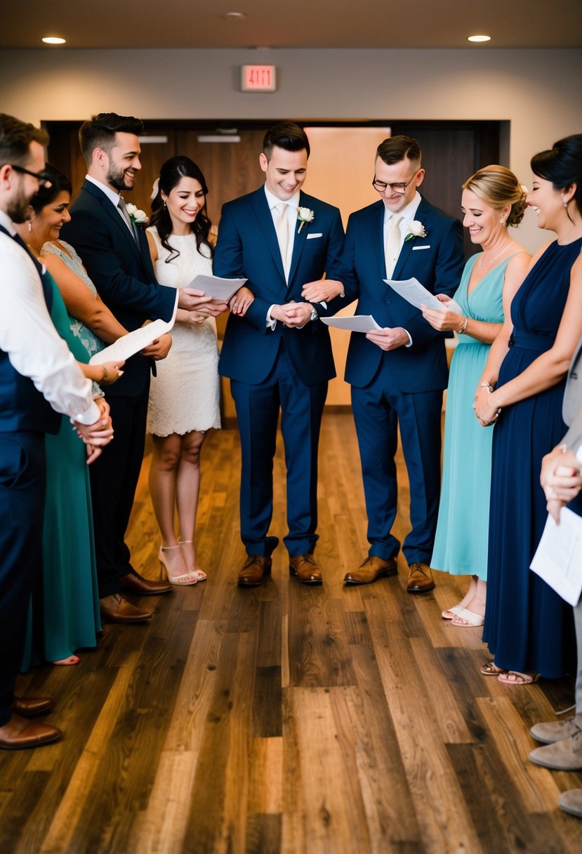 Guests stand in a circle, holding hands, as the couple takes turns reading their vows aloud. The atmosphere is intimate and emotional, with smiles and tears all around