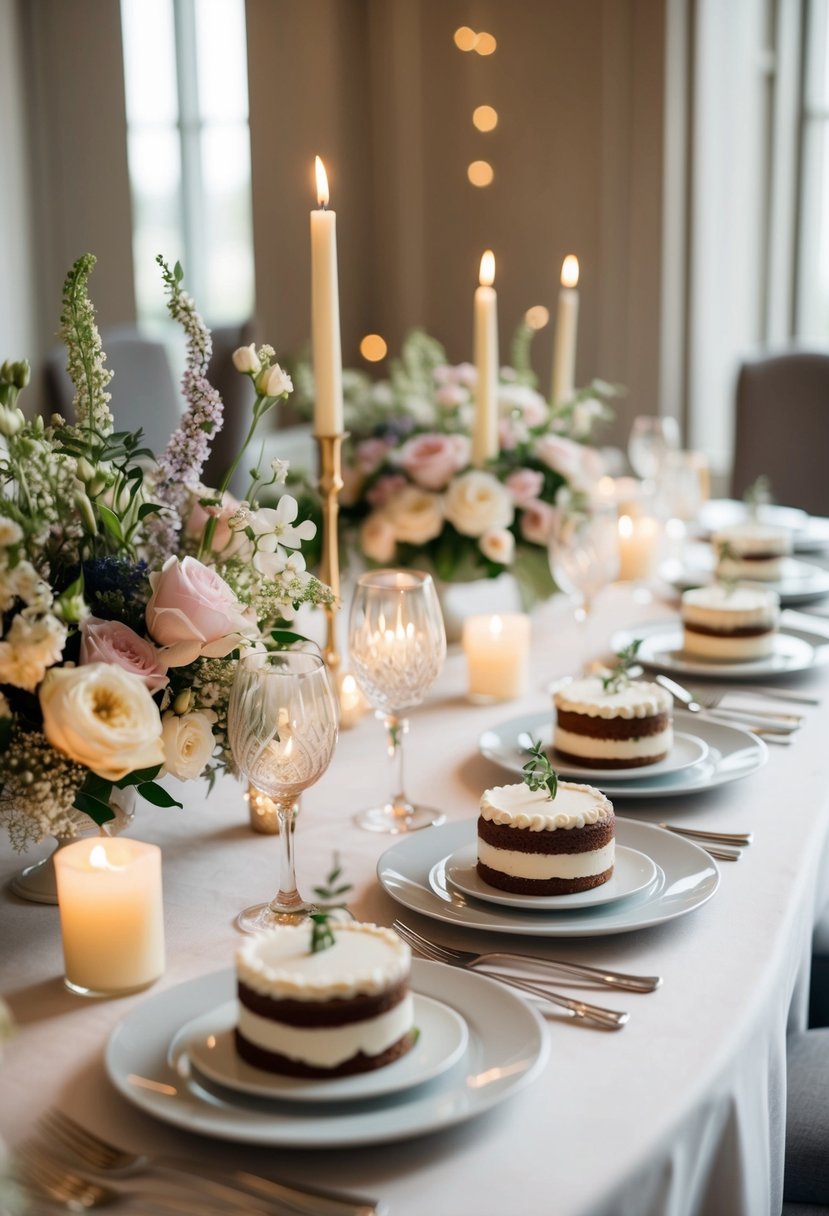 A table set with mini cutting cakes as wedding centerpieces, surrounded by delicate floral arrangements, candles, and elegant tableware