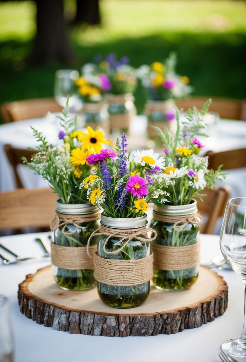 Mason jars filled with wildflowers and wrapped in twine sit atop wooden tables, creating charming and budget-friendly wedding centerpieces