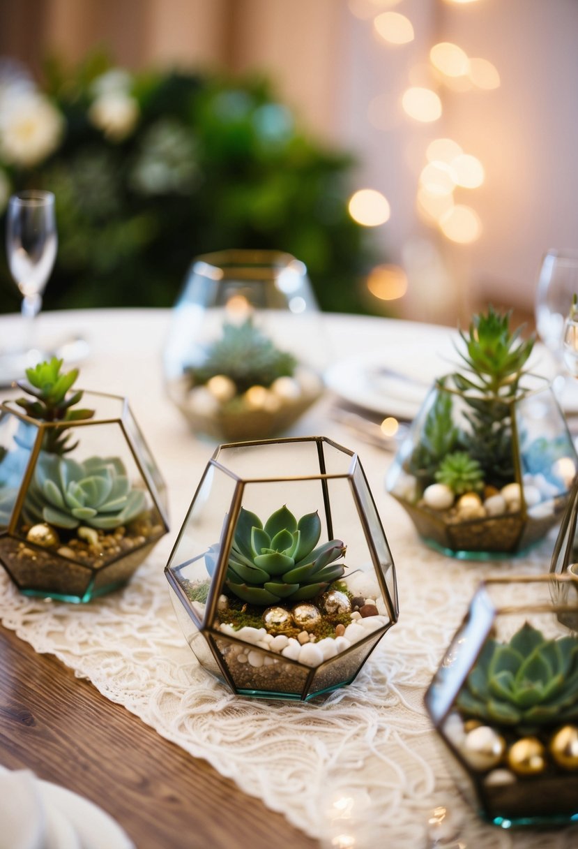 A collection of Dollar Tree terrariums filled with succulents and small decorative elements arranged on a wedding reception table