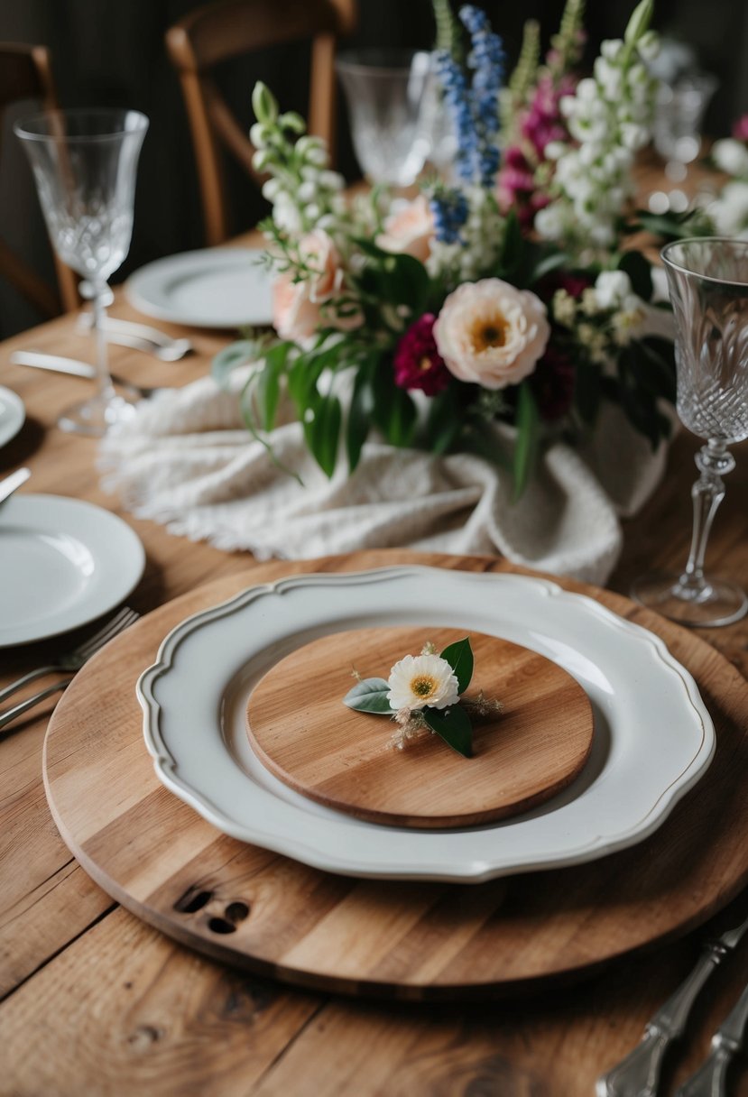 A rustic wooden breadboard plate with elegant tableware and floral accents