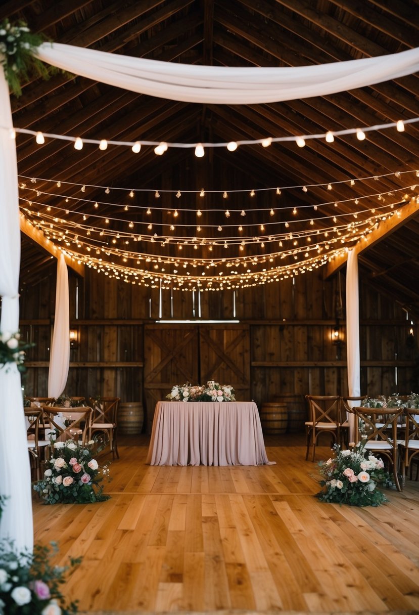 A rustic barn adorned with string lights, draped fabric, and wildflowers. A wooden dance floor and cozy seating area create a romantic wedding setting